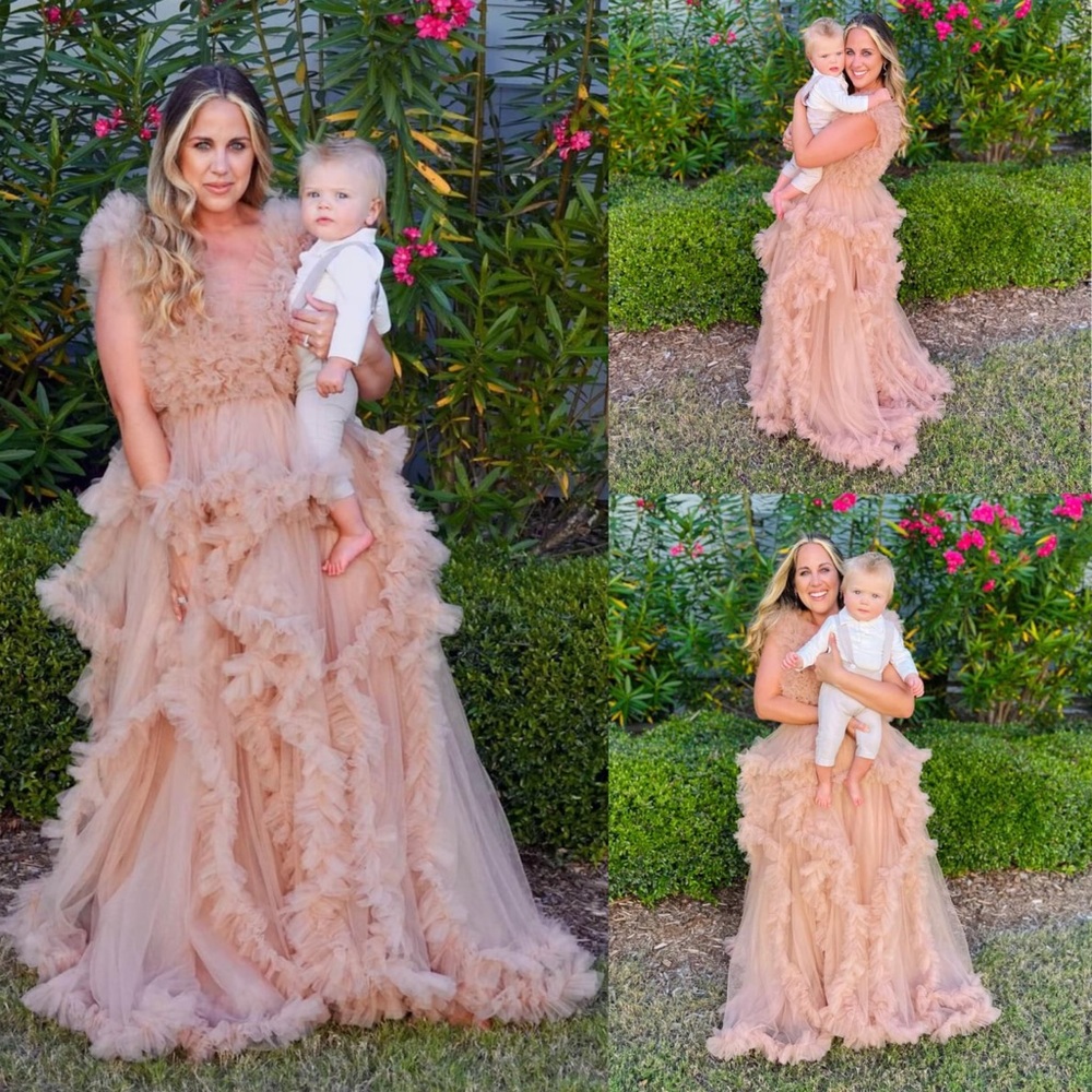 Elegant Ruffled Tulle Evening Gown in Blush